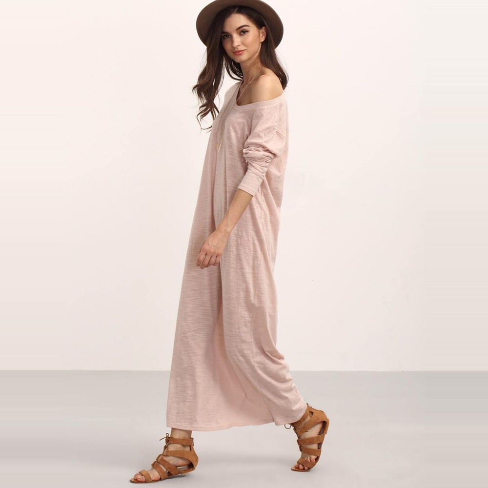 Oversized Side Slit Blush Burnout Knit Long Sleeve Maxi Dress - Picture 3 of 6